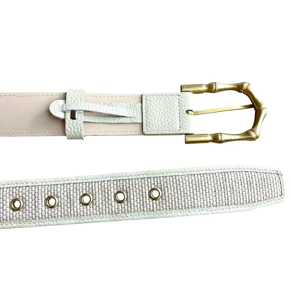 J.McLaughlin Jayla Grasscloth White Leather Raffia Belt Gold Bamboo Buckle M - Picture 10 of 15